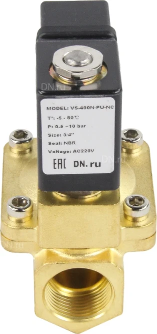 Клапан электромагнитный VS400-ET-NC-24VAC 1″ Ду25 Ру16 пилотного действия двухходовой, корпус - латунь, присоединение - внутренняя резьба, уплотнение - EPDM, нормально-закрытый, катушка - 24В AC
