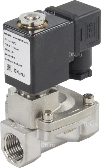 Клапан электромагнитный VS431-NT-NC-24VAC 1/2″ Ду15 Ру16 пилотного действия двухходовой, корпус - сталь нержавеющая 304, присоединение - внутренняя резьба, уплотнение - NBR, нормально-закрытый, катушка - 24В AC
