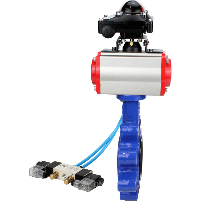 Затвор дисковый поворотный WBV1616N-2W-Fb-H Ду100 Ру16 LUG корпус - чугун QT450, диск - чугун QT450, уплотнение - NBR, с пневмоприводом PA-DA-083, пневмораспределителем 4V320-08 AC220V и БКВ APL-210N