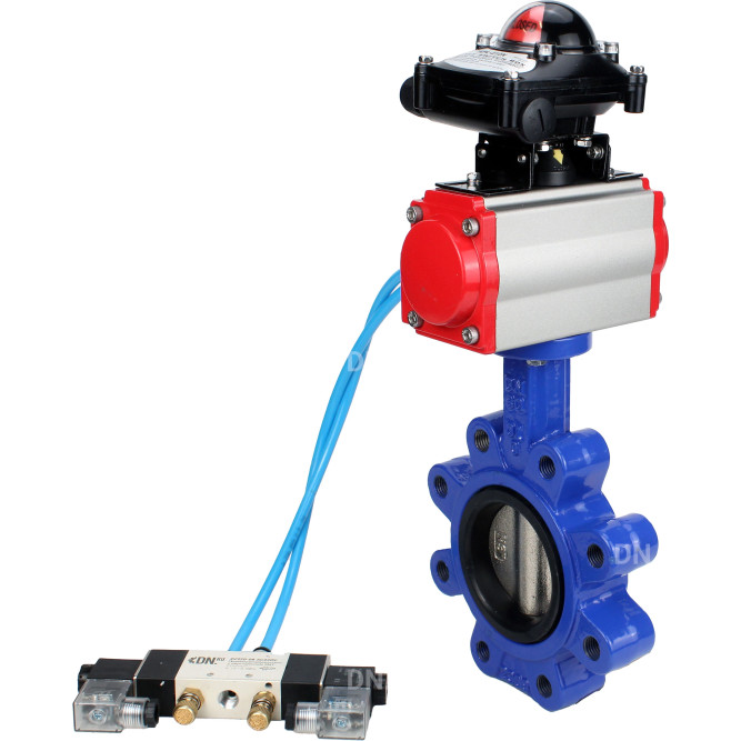 Затвор дисковый поворотный WBV1616N-2W-Fb-H Ду100 Ру16 LUG корпус - чугун QT450, диск - чугун QT450, уплотнение - NBR, с пневмоприводом PA-DA-083, пневмораспределителем 4V320-08 AC220V и БКВ APL-210N