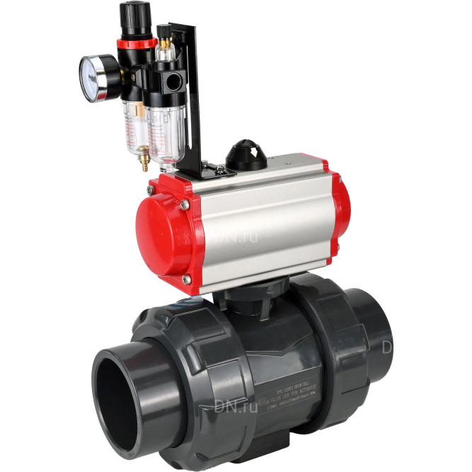 Кран шаровой BV4242E-FP-GRM-ISO Дн15 Ру10 полнопроходной, корпус - НПВХ, шар - НПВХ, уплотнение - EPDM, с пневмоприводом PA-DA-052, пневмораспределителем 4V320-08 AC220V и БПВ AFC2000