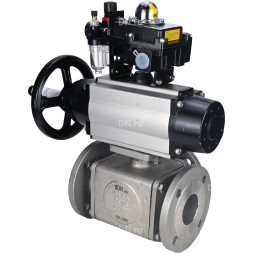 Кран шаровой BV3232P(4pc)-FP-3WL-F Ду100 Ру16 полнопроходной трехходовой, фланцевый, корпус - нержавеющая сталь SS316, с пневмоприводом PA-DA-105-1, пневмораспределителем 4M310-08 DC24V, БКВ APL-410N EX и БПВ AFC2000