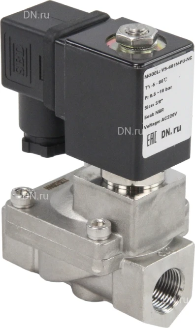 Клапан электромагнитный VS431-VT-NC-24VAC 3/8″ Ду10 Ру16 пилотного действия двухходовой, корпус - сталь нержавеющая 304, присоединение - внутренняя резьба, уплотнение - VITON, нормально-закрытый, катушка - 24В AC