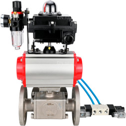 Кран шаровой BV3232P(4pc)-FP-3WL-F Ду32 Ру16 полнопроходной трехходовой, фланцевый, корпус - нержавеющая сталь SS316, с пневмоприводом PA-SA-083 с возвратными пружинами, пневмораспределителем 4V320-10 AC220V, БКВ APL-410N EX и БПВ AFC2000