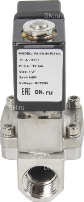 Клапан электромагнитный VS431-VT-NC-24VAC 1/2″ Ду15 Ру16 пилотного действия двухходовой, корпус - сталь нержавеющая 304, присоединение - внутренняя резьба, уплотнение - VITON, нормально-закрытый, катушка - 24В AC