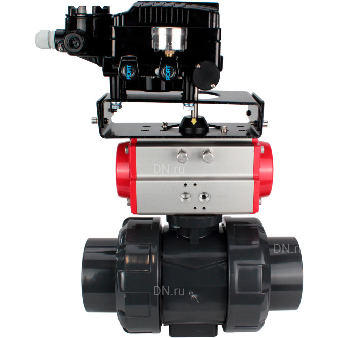 Кран шаровой BV4242E-FP-GRM-ISO Дн65 Ру10 полнопроходной, корпус - НПВХ, шар - НПВХ, уплотнение - EPDM, с пневмоприводом PA-SA-065 и пневмопозиционером YT-1000RSN с обратной связью