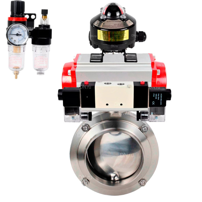 Затвор дисковый поворотный WBV3131S-2W-W-H Ду15 Ру10 под приварку, пищевая нержавеющая сталь 304, уплотнение – Silicon, с пневмоприводом PA-SA-065, пневмораспределителем 4V320-10 AC220V, БКВ APL-510N EX и БПВ AFC2000