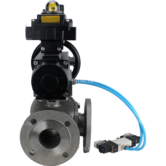 Кран шаровой BV3232P(4pc)-FP-3WL-F Ду100 Ру16 полнопроходной трехходовой, фланцевый, корпус - нержавеющая сталь SS316, с пневмоприводом PA-DA-105-1, пневмораспределителем 4V320-10 AC220V, БКВ APL-410N EX и БПВ AFC2000