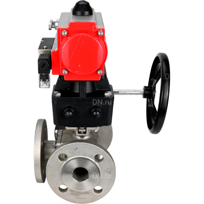 Кран шаровой BV3232P(4pc)-FP-3WL-F Ду20 Ру16 полнопроходной трехходовой, фланцевый, корпус - нержавеющая сталь SS316, с пневмоприводом PA-DA-052 двойного действия, пневмораспределителем 4M310-08 DC24V и ручным дублером MON1-250-T26-ISO