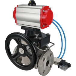 Кран шаровой BV3232P(4pc)-FP-3WL-F Ду20 Ру16 полнопроходной трехходовой, фланцевый, корпус - нержавеющая сталь SS316, с пневмоприводом PA-DA-052 двойного действия, пневмораспределителем 4V320-08 AC220V и ручным дублером MON1-250-T26-ISO