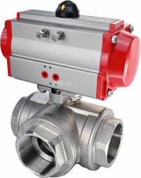 Кран шаровой BV3232P(4pc)-SP-3WL-T-ISO-H Ду40 Ру63 стандартнопроходной L-тип, трехходовой, нержавеющая сталь SS316, внутренняя резьба, уплотнение - PTFE, с пневмоприводом PA-DA-65 двойного действия