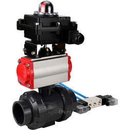 Кран шаровой BV4242E-FP-GRM-ISO Дн80 Ру10 полнопроходной, корпус - НПВХ, шар - НПВХ, уплотнение - EPDM, с пневмоприводом PA-SA-065, пневмораспределителем 4V320-08 AC220V и БКВ APL-410N EX