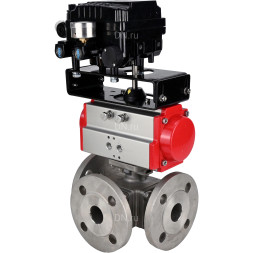 Кран шаровой BV3232P(4pc)-FP-3WL-F Ду20 Ру16 полнопроходной трехходовой, фланцевый, корпус - нержавеющая сталь SS316, с пневмоприводом PA-SA-065 с возвратными пружинами и пневмопозиционером YT-1000RSN без обратной связи