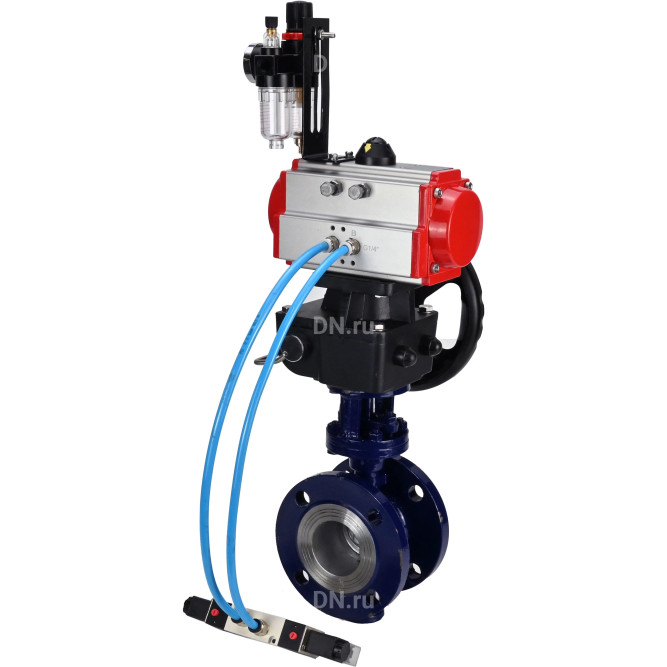 Затвор дисковый поворотный с тройным эксцентриситетом WBV3EX-3432M-1W-F-ISO Ду65 Ру25 фланцевый, сталь WCB диск - нерж.сталь 316, METAL с пневмоприводом PA-DA-083, пневмораспределителем 4V320-10 AC220V, ручным дублером MON2-450-T28-ISO и БПВ AFC2000