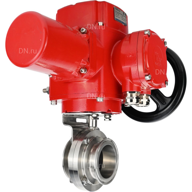 Затвор дисковый поворотный WBV3131E-2W-C-H Ду20 Ру10 кламповый, корпус - пищевая нержавеющая сталь 304, уплотнение - EPDM, с электроприводом QT-EX-005M-O2-380VAC-У1 с моментной муфтой и штурвалом
