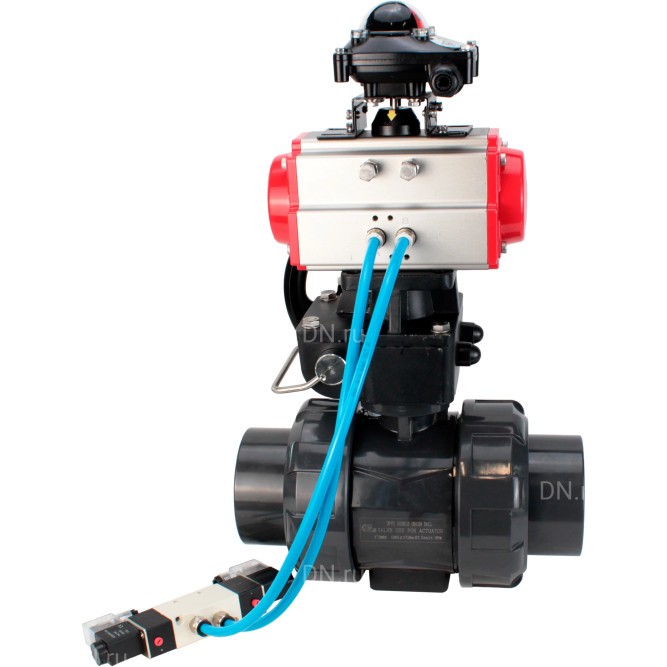 Кран шаровой BV4242E-FP-GRM-ISO Дн25 Ру10 полнопроходной, корпус - НПВХ, шар - НПВХ, уплотнение - EPDM, с пневмоприводом PA-DA-052, пневмораспределителем 4V320-10 AC220V, ручным дублером MON1-250-T26-ISO и БКВ APL-210N