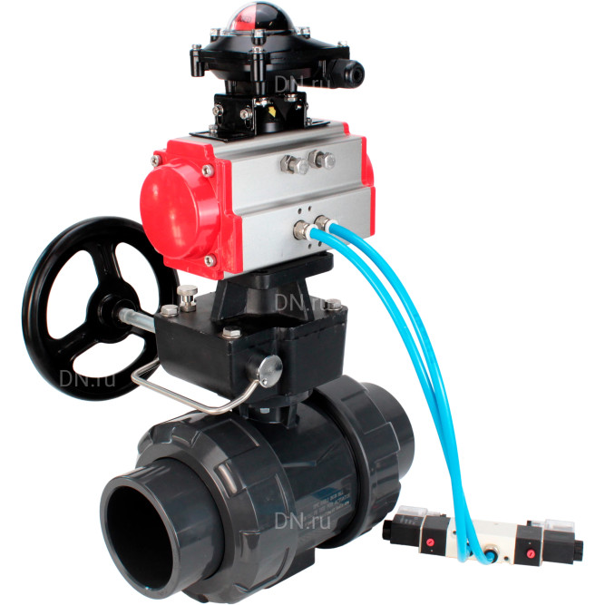 Кран шаровой BV4242E-FP-GRM-ISO Дн25 Ру10 полнопроходной, корпус - НПВХ, шар - НПВХ, уплотнение - EPDM, с пневмоприводом PA-DA-052, пневмораспределителем 4V320-10 AC220V, ручным дублером MON1-250-T26-ISO и БКВ APL-210N