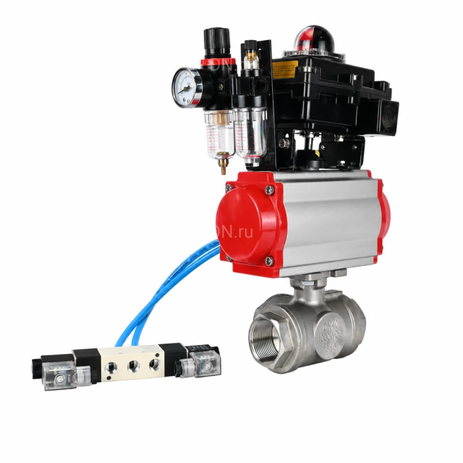 Кран шаровой BV3232P(4pc)-SP-3WL-T-ISO-H WDVF Ду65 Ру40 стандартнопроходной, 3-ходовой L-тип, внутренняя резьба, нержавеющая сталь AISI 316, PTFE, с пневмоприводом PA-SA-140, пневмораспределителем 4V320-10 AC220V, БКВ APL-410N EX и БПВ AFC2000