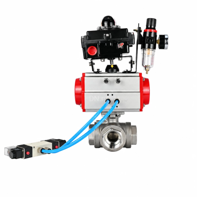 Кран шаровой BV3232P(4pc)-SP-3WL-T-ISO-H WDVF Ду65 Ру40 стандартнопроходной, 3-ходовой L-тип, внутренняя резьба, нержавеющая сталь AISI 316, PTFE, с пневмоприводом PA-SA-140, пневмораспределителем 4V320-10 AC220V, БКВ APL-410N EX и БПВ AFC2000