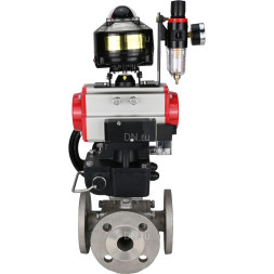 Кран шаровой BV3232P(4pc)-FP-3WL-F Ду40 Ру16 полнопроходной трехходовой, фланцевый, корпус - нержавеющая сталь SS316, с пневмоприводом PA-DA-065, пневмораспределителем 4M310-08 DC24V, БКВ APL-510N EX, ручной дублер MON1-250-T26-ISO и БПВ AFC2000