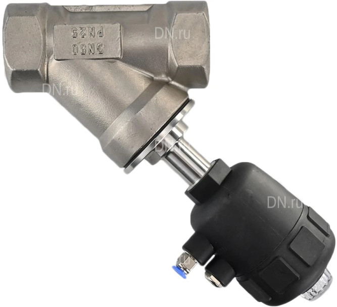 Клапан отсечной пневматический VSP3241P-T-1PNC Ду50 Ру25, корпус - нержавеющая сталь SS316, резьбовой, Y-образный, корпус привода - пластик