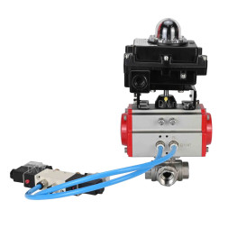 Кран шаровой BV3232P(4pc)-SP-3WL-T-ISO-H Ду20 Ру63, стандартнопроходной, четырехсоставной, корпус - нержавеющая сталь 316, уплотнение - PTFE, внутренняя резьба, с пневмоприводом PA-DA-052, пневмораспределителем 4V320-08 AC220V, БКВ APL-410N Ex