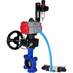 Затвор дисковый поворотный WBV1631E-2W-Fb-H Ду125 Ру16 LUG корпус - чугун QT450, диск - нержавеющая сталь 304, уплотнение - EPDM, с пневмоприводом PA-DA-105, пневмораспределителем 4V320-10 AC220V, редуктором MON3-700-T38-ISO и БПВ AFC2000