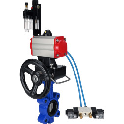 Затвор дисковый поворотный WBV1631E-2W-Fb-H Ду125 Ру16 LUG корпус - чугун QT450, диск - нержавеющая сталь 304, уплотнение - EPDM, с пневмоприводом PA-DA-105, пневмораспределителем 4V320-10 AC220V, редуктором MON3-700-T38-ISO и БПВ AFC2000