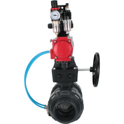 Кран шаровой BV4242E-FP-GRM-ISO Дн15 Ру10 полнопроходной, корпус - НПВХ, шар - НПВХ, уплотнение - EPDM, с пневмоприводом PA-DA-052, пневмораспределителем 4V320-08 AC220V, ручным дублером MON1-250-T26-ISO, БКВ APL-210N и БПВ AFC2000