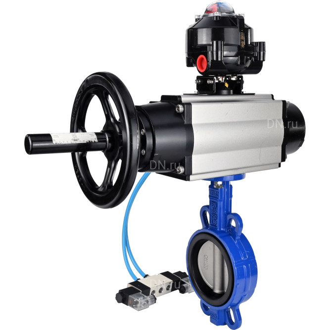 Затвор дисковый поворотный WBV1432N-2W-Fb-H Ду150 Ру16, корпус - чугун GGG50, диск - нержавеющая сталь 316L, уплотнение - NBR, с пневмоприводом PA-DA-105-1 двойного действия, с пневмораспределителем 4V320-08 AC220V, с БКВ APL-510N-EX
