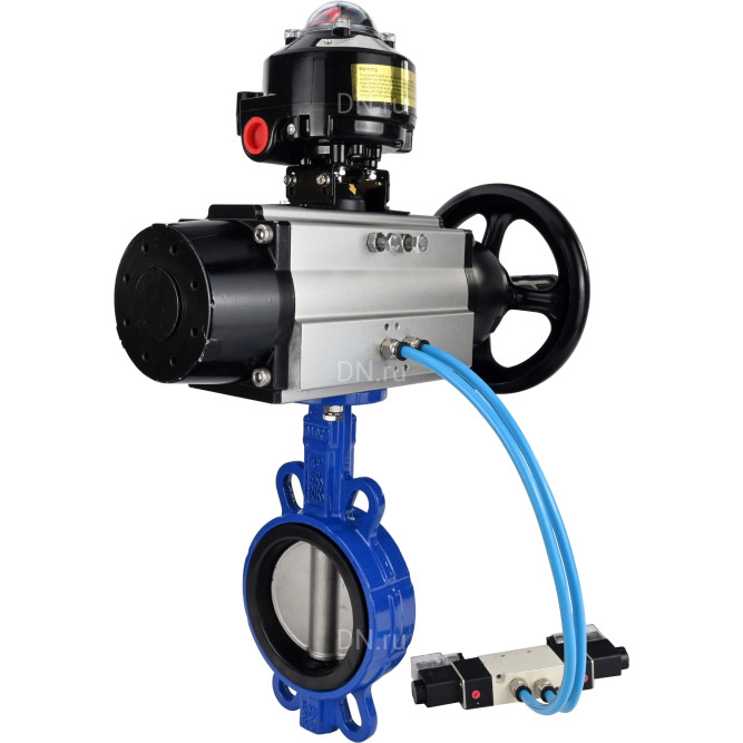 Затвор дисковый поворотный WBV1432N-2W-Fb-H Ду150 Ру16, корпус - чугун GGG50, диск - нержавеющая сталь 316L, уплотнение - NBR, с пневмоприводом PA-DA-105-1 двойного действия, с пневмораспределителем 4V320-08 AC220V, с БКВ APL-510N-EX