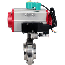 Затвор дисковый поворотный WBV3131E-2W-W-H Ду25 Ру10 под приварку, корпус - пищевая нержавеющая сталь 304, уплотнение - EPDM, с пневмоприводом PA-SA-065, пневмораспределителем 4M320-10 AC220V, магнитным переключателем ALS200D
