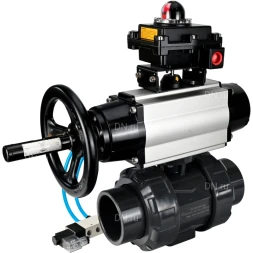Кран шаровой BV4242E-FP-GRM-ISO Дн20 Ру10 полнопроходной, корпус - НПВХ, шар - НПВХ, уплотнение - EPDM, с пневмоприводом PA-DA-105-1, пневмораспределителем 4V320-08 AC220V и БКВ APL-410N EX