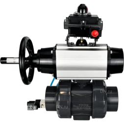 Кран шаровой BV4242E-FP-GRM-ISO Дн20 Ру10 полнопроходной, корпус - НПВХ, шар - НПВХ, уплотнение - EPDM, с пневмоприводом PA-DA-105-1, пневмораспределителем 4V320-08 AC220V и БКВ APL-410N EX