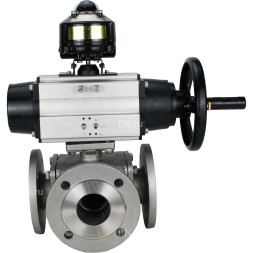 Кран шаровой BV3232P(4pc)-FP-3WL-F Ду100 Ру16 полнопроходной трехходовой, фланцевый, корпус - нержавеющая сталь SS316, с пневмоприводом PA-DA-105-1 двойного действия и БКВ APL-510N EX