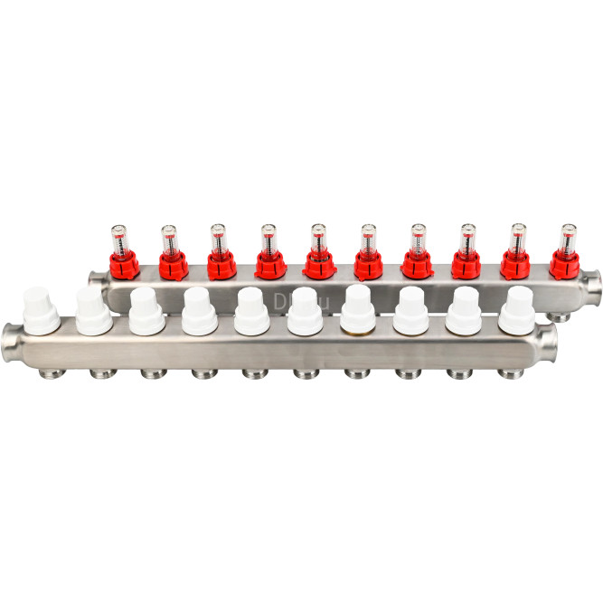 Коллекторная группа GC1-31-10 1″ Ду25 Ру10 отводов — 10, в сборе с расходомерами и терморегулирующими клапанами, без переходников, корпус - нержавеющая сталь AISI 304