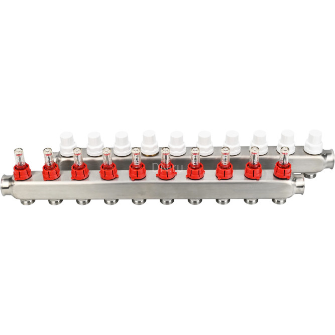 Коллекторная группа GC1-31-10 1″ Ду25 Ру10 отводов — 10, в сборе с расходомерами и терморегулирующими клапанами, без переходников, корпус - нержавеющая сталь AISI 304