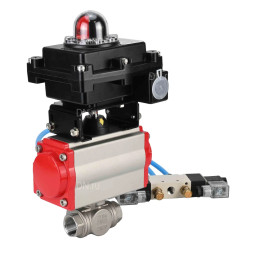 Кран шаровой BV3232P(4pc)-SP-3WL-T-ISO-H Ду32 Ру63, стандартнопроходной, четырехсоставной, корпус - нержавеющая сталь 316, уплотнение - PTFE, внутренняя резьба, с пневмоприводом PA-DA-052, пневмораспределителем 4V320-08 AC220V, БКВ APL-410N Ex