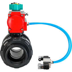 Кран шаровой BV4242E-FP-GRM-ISO Дн20 Ру10 полнопроходной, корпус - НПВХ, шар - НПВХ, уплотнение - EPDM, с пневмоприводом PA-DA-052, пневмораспределителем 4V320-10 AC220V и магнитным переключателем ALS200D