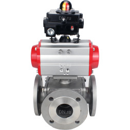Кран шаровой BV3232P(4pc)-FP-3WL-F Ду25 Ру16 полнопроходной трехходовой, фланцевый, корпус - нержавеющая сталь SS316, с пневмоприводом PA-DA-052 двойного действия и БКВ APL-410N EX