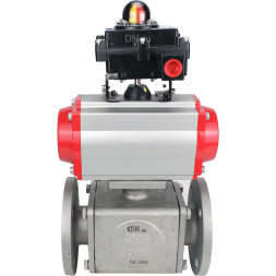 Кран шаровой BV3232P(4pc)-FP-3WL-F Ду25 Ру16 полнопроходной трехходовой, фланцевый, корпус - нержавеющая сталь SS316, с пневмоприводом PA-DA-052 двойного действия и БКВ APL-410N EX