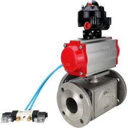 Кран шаровой BV3232P(4pc)-FP-3WL-F Ду32 Ру16 полнопроходной трехходовой, фланцевый, корпус - нержавеющая сталь SS316, с пневмоприводом PA-SA-083 с возвратными пружинами, пневмораспределителем 4V320-10 AC220V и БКВ APL-510N EX