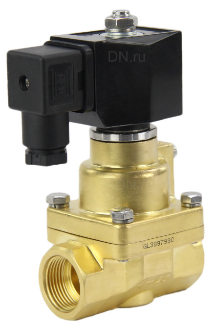 Клапан электромагнитный VS1000-PT-NC-24VDC 1 1/2″ Ду40 Ру12 соленоидный двухходовой поршневой, резьбовой, корпус - латунь, уплотнение - PTFE, пилотного действия, нормально закрытый, катушка - 24В DC
