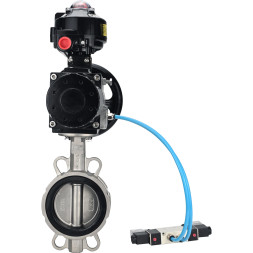 Затвор дисковый поворотный WBV3232N-2W-Fb-H Ду150 Ру16, корпус - нержавеющая сталь 316L, диск - нержавеющая сталь 316L, уплотнение - NBR, с пневмоприводом PA-DA-105-1 двойного действия, с пневмораспределителем 4V320-10 AC220V, с БКВ APL-510N EX