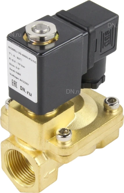 Клапан электромагнитный VS400-VT-NC-24VAC 3/4″ Ду20 Ру16 пилотного действия двухходовой, корпус - латунь, присоединение - внутренняя резьба, уплотнение - VITON, нормально-закрытый, катушка - 24В AC