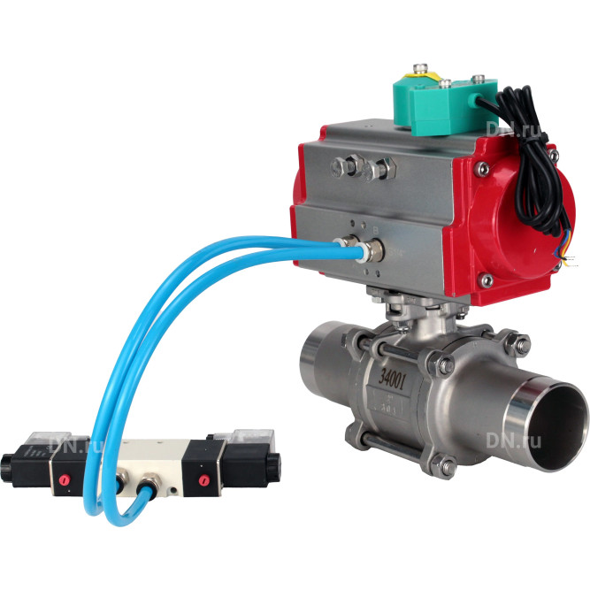 Кран шаровой BV3131P(3pc)-FP-W-ISO-H LONG Ду10 Ру63 полнопроходной, корпус - нержавеющая сталь 304, уплотнение - PTFE, под приварку, с пневмоприводом PA-DA-052, пневмораспределителем 4V320-08 AC220V и магнитным переключателем ALS200D