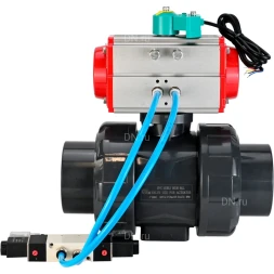 Кран шаровой BV4242E-FP-GRM-ISO Дн25 Ру10 полнопроходной, корпус - НПВХ, шар - НПВХ, уплотнение - EPDM, с пневмоприводом PA-DA-052, пневмораспределителем 4V320-10 AC220V и магнитным переключателем ALS200D