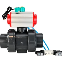 Кран шаровой BV4242E-FP-GRM-ISO Дн25 Ру10 полнопроходной, корпус - НПВХ, шар - НПВХ, уплотнение - EPDM, с пневмоприводом PA-DA-052, пневмораспределителем 4V320-10 AC220V и магнитным переключателем ALS200D