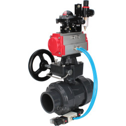 Кран шаровой BV4242E-FP-GRM-ISO Дн32 Ру10 полнопроходной, корпус - НПВХ, шар - НПВХ, уплотнение - EPDM, с пневмоприводом PA-DA-052, пневмораспределителем 4V320-08 AC220V, ручным дублером MON1-250-T26-ISO, БКВ APL-210N и БПВ AFC2000
