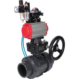 Кран шаровой BV4242E-FP-GRM-ISO Дн32 Ру10 полнопроходной, корпус - НПВХ, шар - НПВХ, уплотнение - EPDM, с пневмоприводом PA-DA-052, пневмораспределителем 4V320-08 AC220V, ручным дублером MON1-250-T26-ISO, БКВ APL-210N и БПВ AFC2000